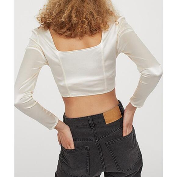 Divided H&M Long Sleeve Corset Cropped Top Asymmetric Hem Satin Cream Womens M - Picture 2 of 7